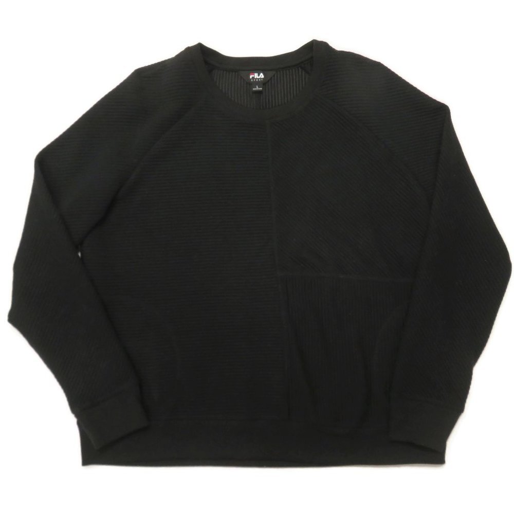 Fila Sport Sweater Mens Large Pullover Black Ribbed Crewneck Stretch Textured
